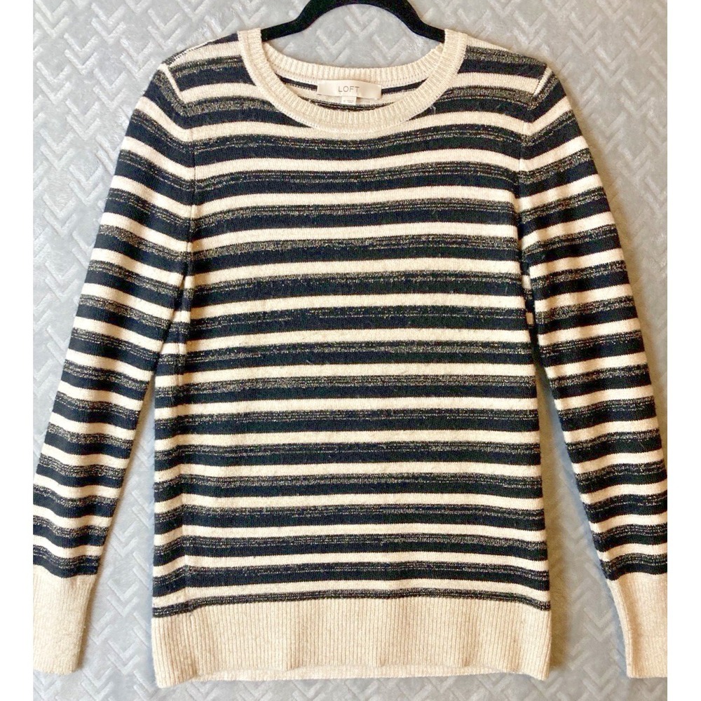 Loft Women's Sweater Size Small Black Ivory Gold Stripes Sparkly Threads
